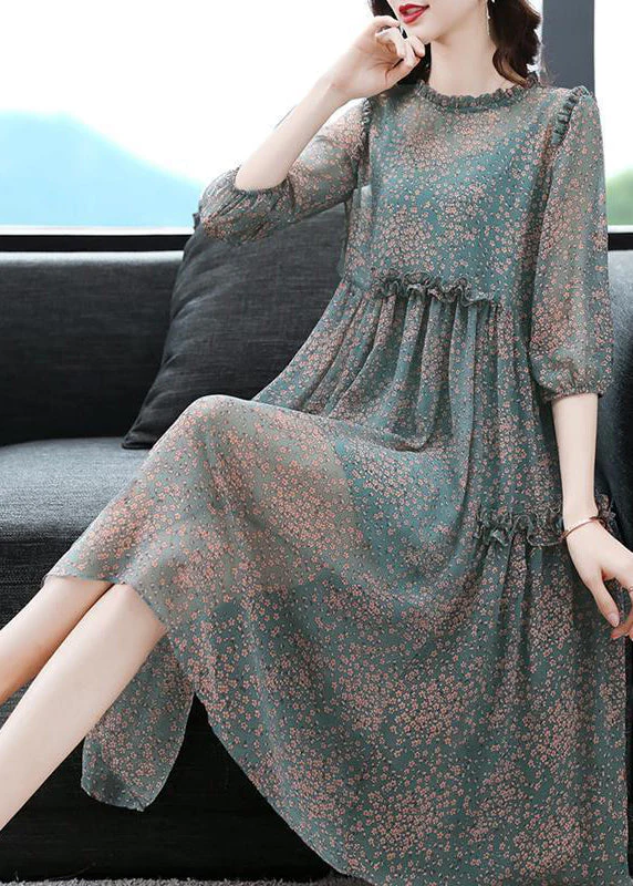 Boutique Green O-Neck Ruffled print Chiffon Dresses Half Sleeve - Image 3
