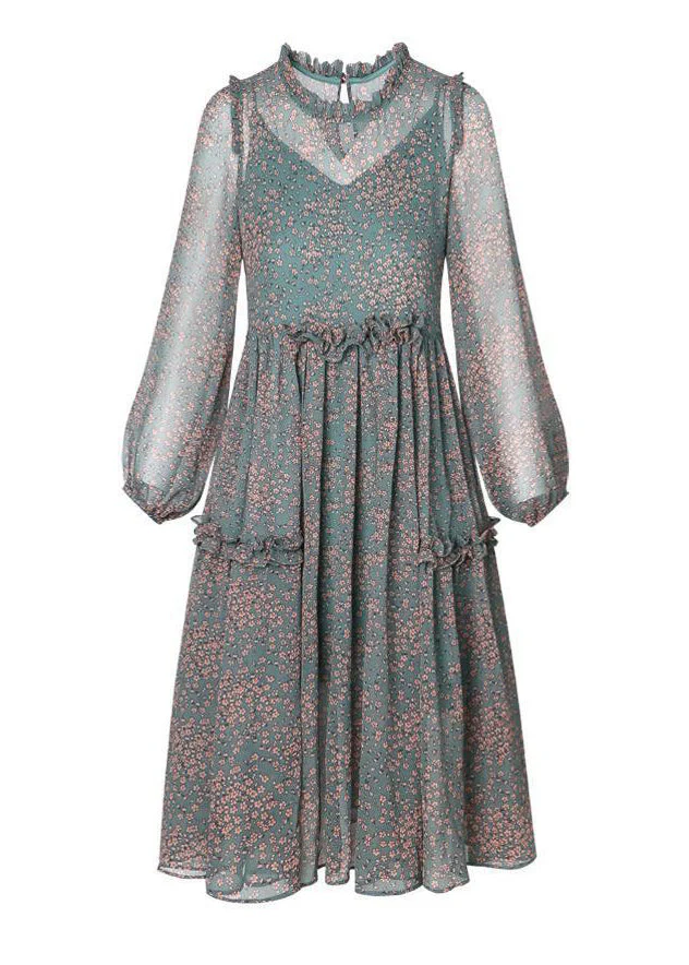 Boutique Green O-Neck Ruffled print Chiffon Dresses Half Sleeve - Image 4