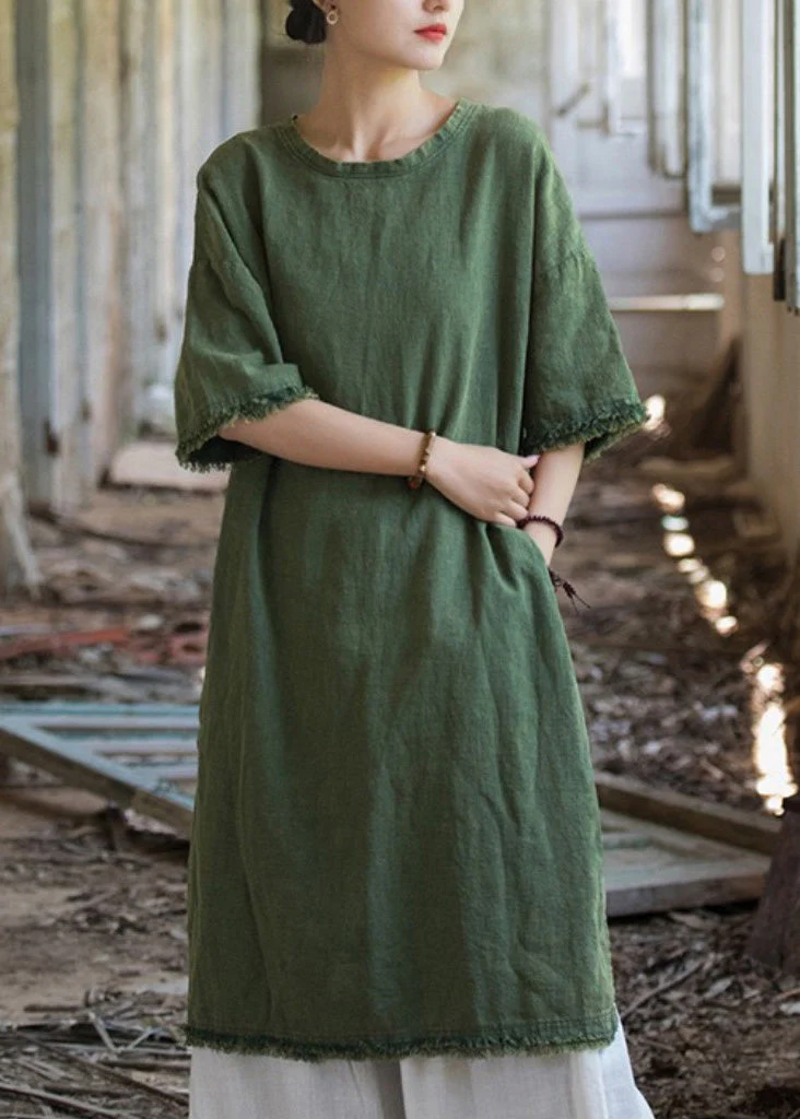 Boutique Green O Neck Side Open Linen T Shirts Dresses Summer - Image 3