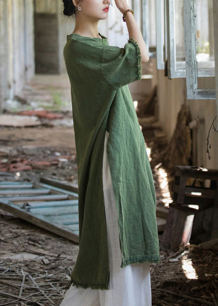 Boutique Green O Neck Side Open Linen T Shirts Dresses Summer - Image 5