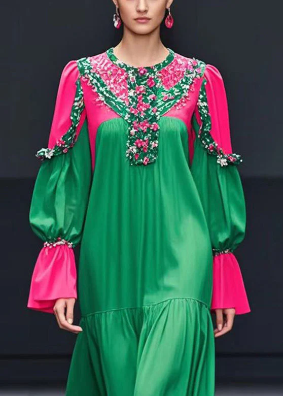 Boutique Green Patchwork Cotton Long Dresses Fall - Image 2