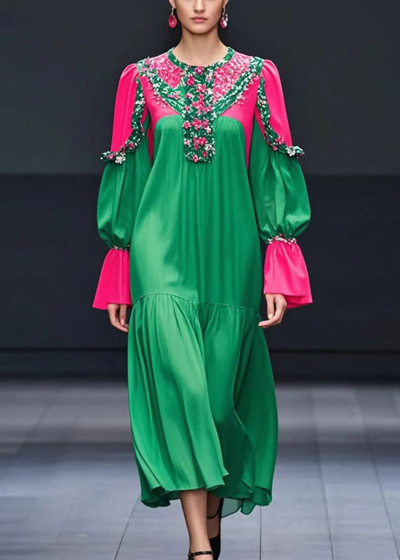 Boutique Green Patchwork Cotton Long Dresses Fall - Image 3