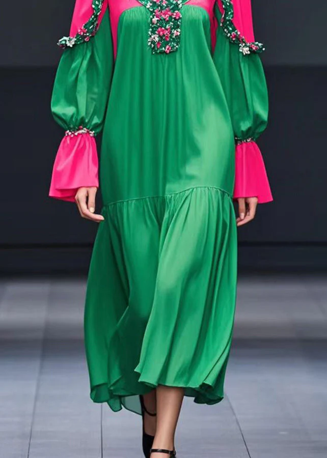 Boutique Green Patchwork Cotton Long Dresses Fall - Image 4