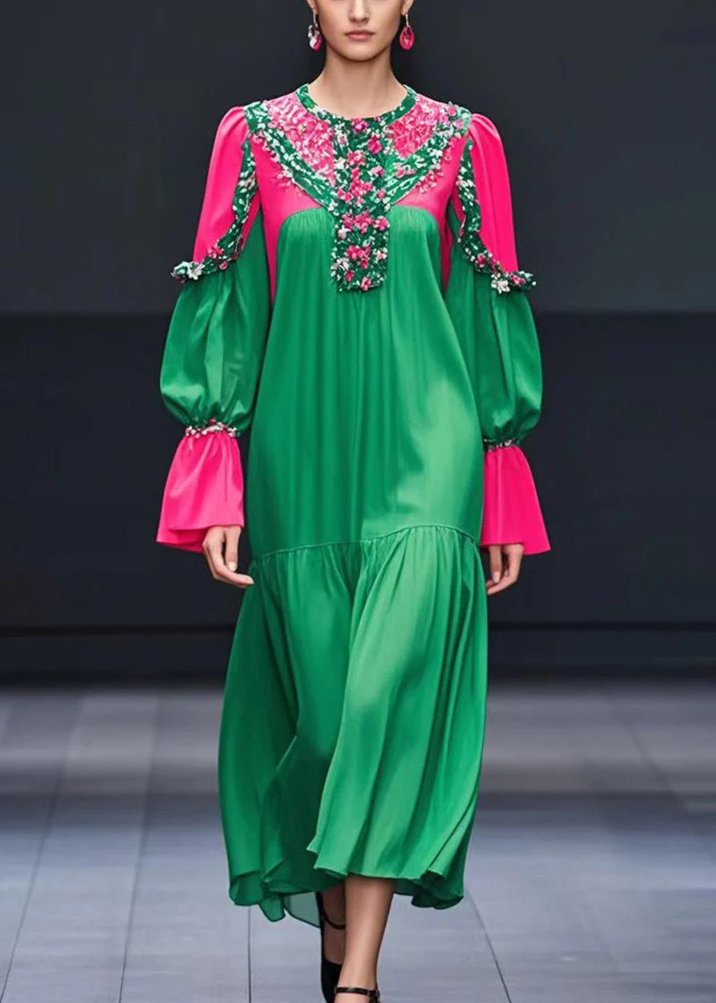 Boutique Green Patchwork Cotton Long Dresses Fall - Image 5