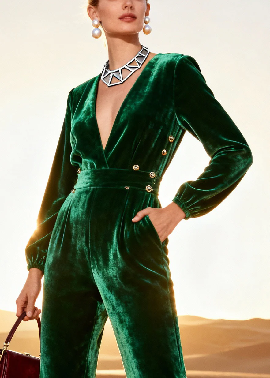 Boutique Green Patchwork Tunic Silk Velvet Jumpsuits Spring - Image 2