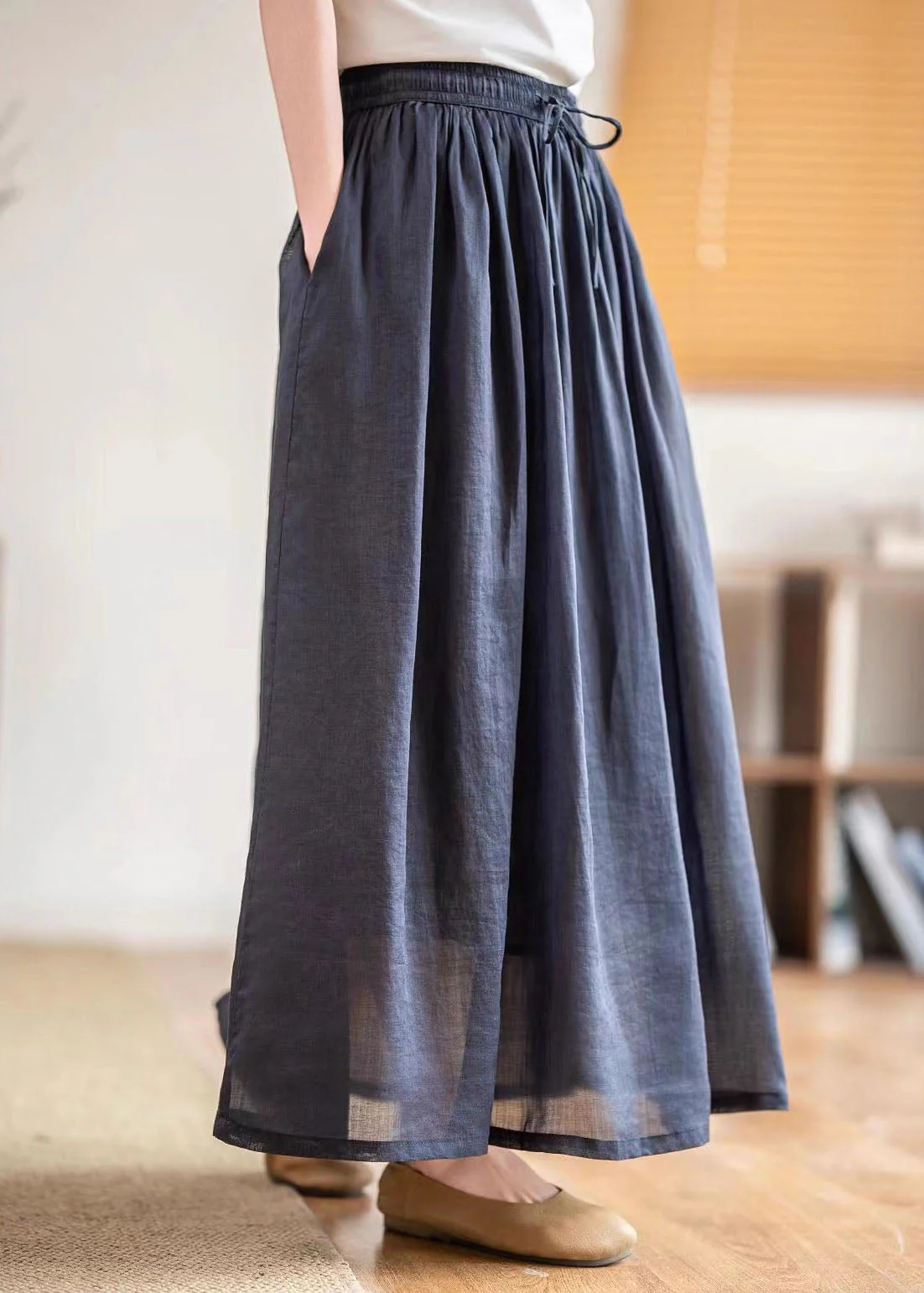 Boutique Green Pockets Elastic Waist Linen Skirts Summer - Image 2