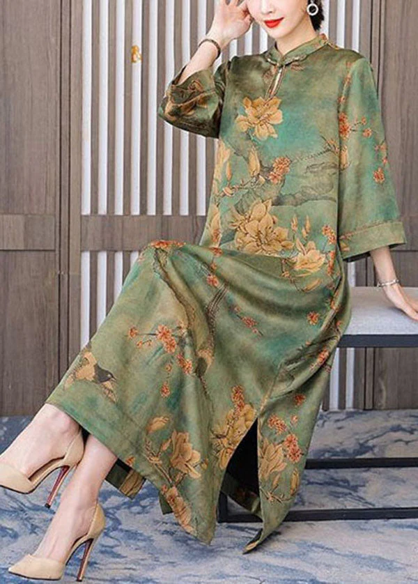 Boutique Green Print Chinese Button Silk Long Dress Bracelet Sleeve - Image 2