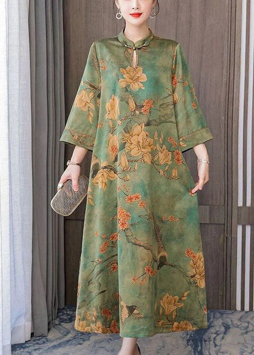Boutique Green Print Chinese Button Silk Long Dress Bracelet Sleeve - Image 3