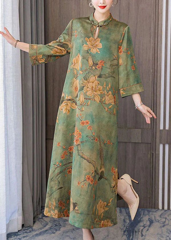 Boutique Green Print Chinese Button Silk Long Dress Bracelet Sleeve - Image 4