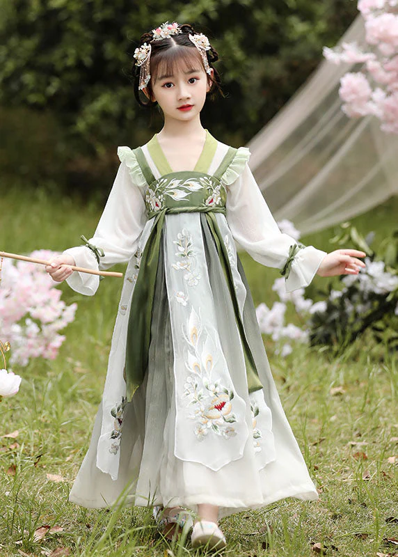 Boutique Green Ruffled Embroideried Patchwork Chiffon Kids Girls Dress Long Sleeve - Image 2