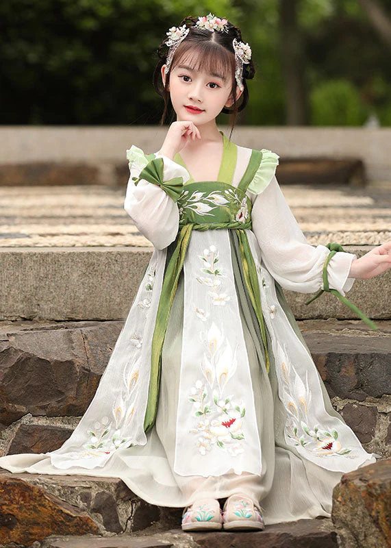 Boutique Green Ruffled Embroideried Patchwork Chiffon Kids Girls Dress Long Sleeve - Image 3