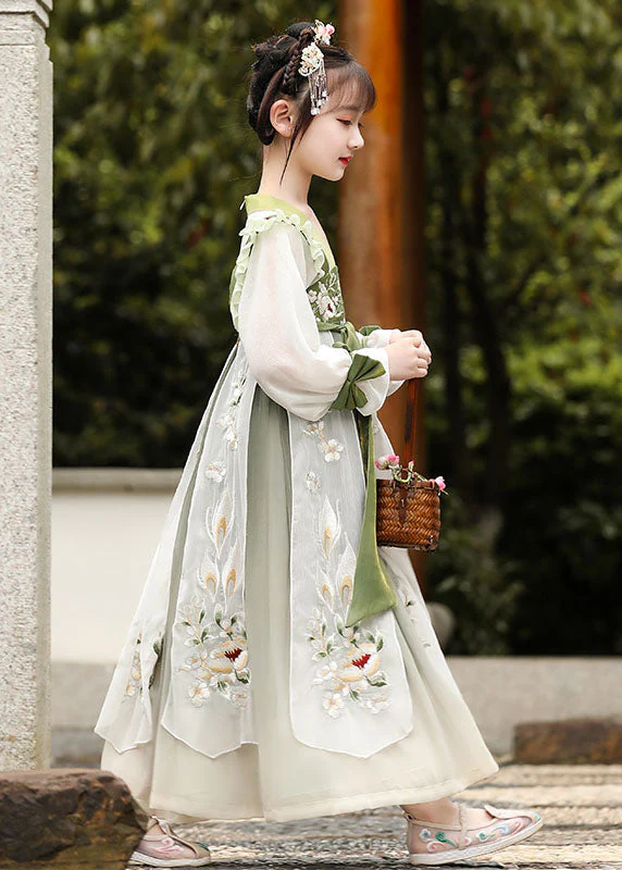 Boutique Green Ruffled Embroideried Patchwork Chiffon Kids Girls Dress Long Sleeve - Image 4