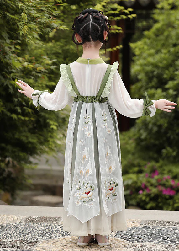 Boutique Green Ruffled Embroideried Patchwork Chiffon Kids Girls Dress Long Sleeve - Image 5