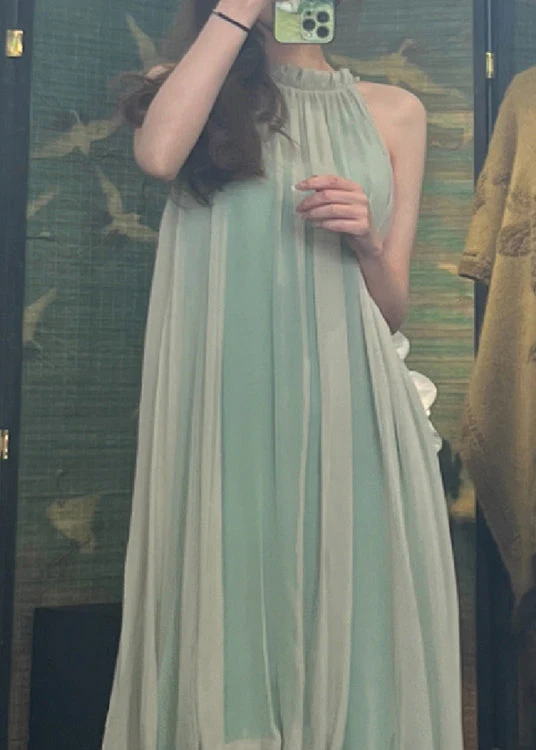 Boutique Green Sexy Halter Wrinkled Silk Dress Sleeveless - Image 2