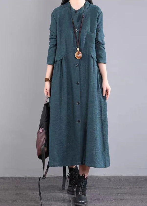 Boutique Green Stand Collar Button Patchwork Cotton Dress Fall - Image 2