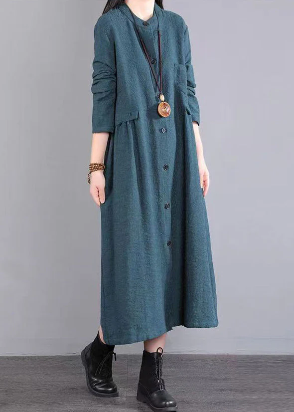 Boutique Green Stand Collar Button Patchwork Cotton Dress Fall - Image 3