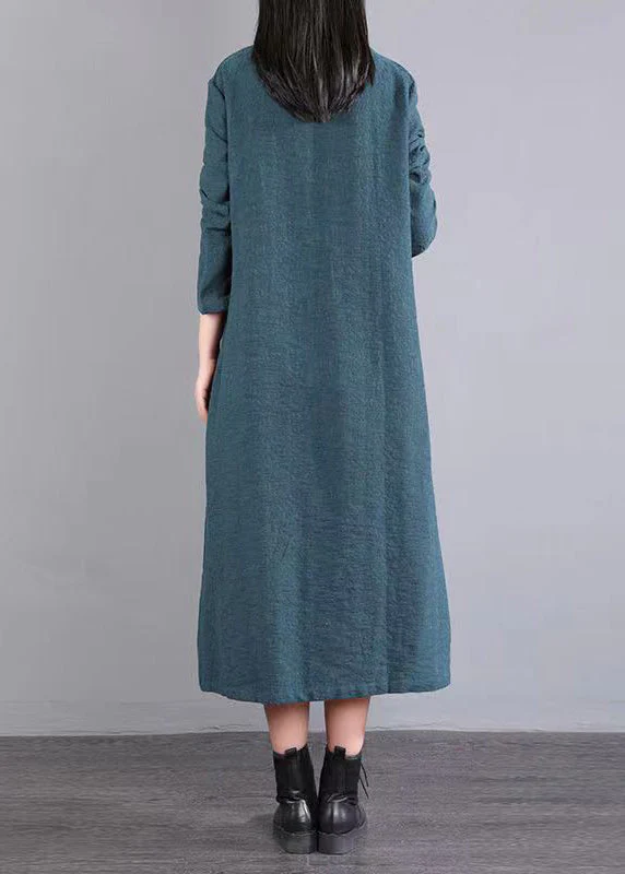 Boutique Green Stand Collar Button Patchwork Cotton Dress Fall - Image 4