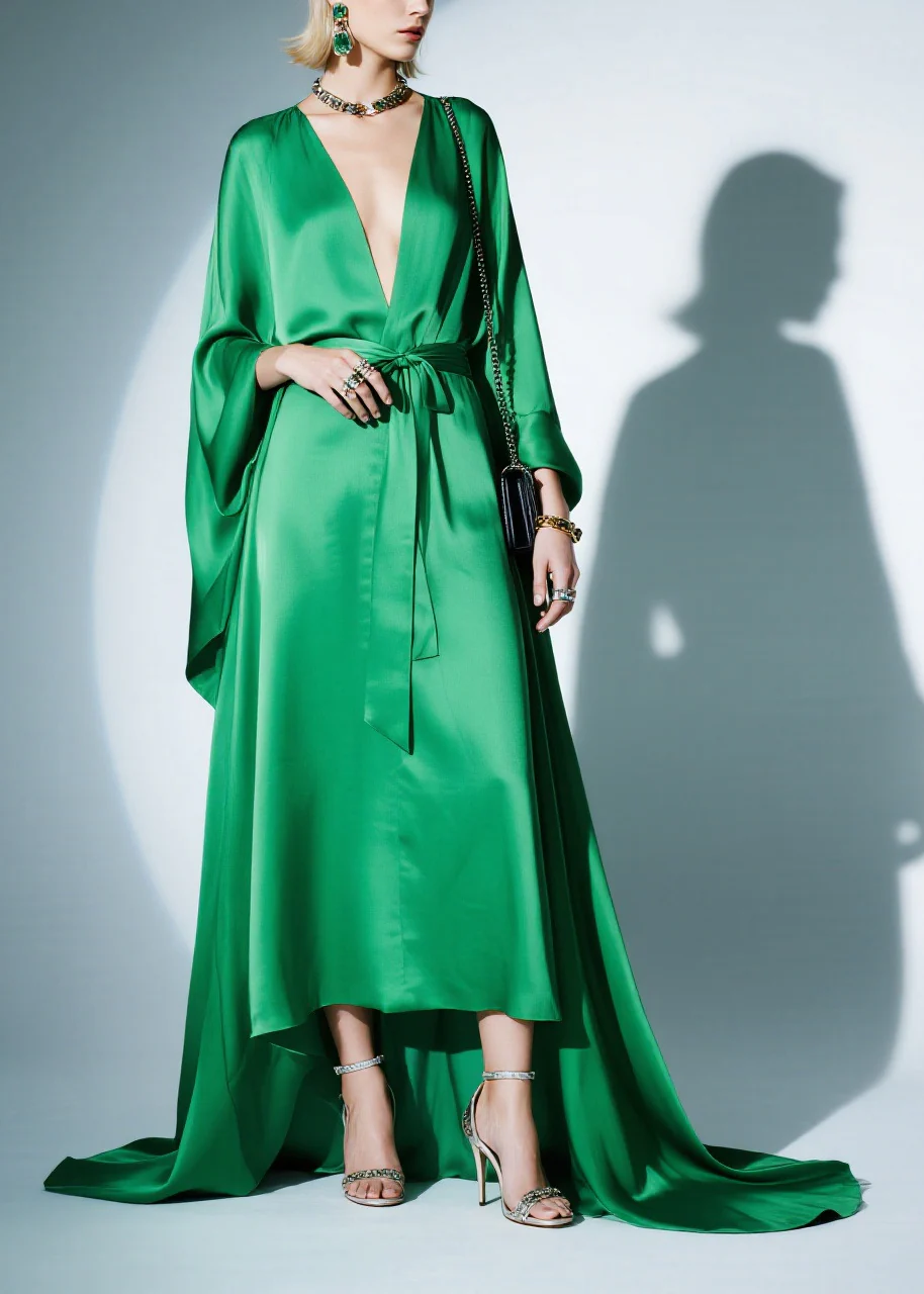 Boutique Green Tie Waist Exra Large Hem Silk Party Dresses Batwing Sleeve - Image 3