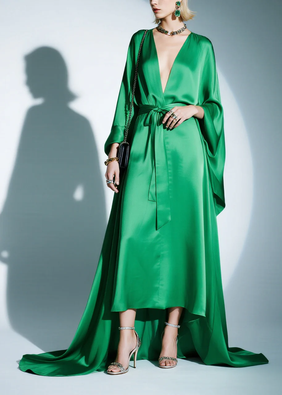 Boutique Green Tie Waist Exra Large Hem Silk Party Dresses Batwing Sleeve - Image 5