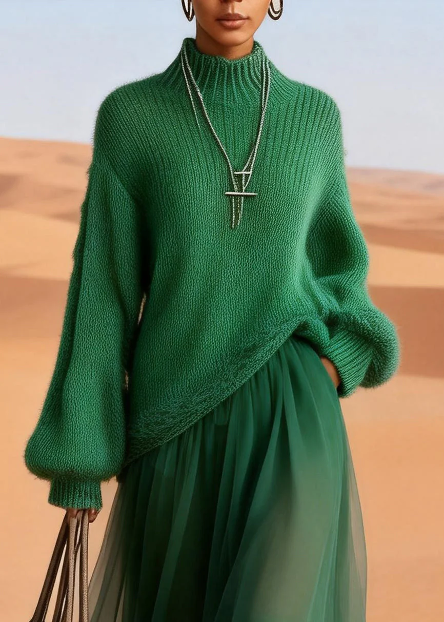 Boutique Green Turtleneck Knit Blended Patchwork Tulle Maxi Dress Lantern Sleeve - Image 2