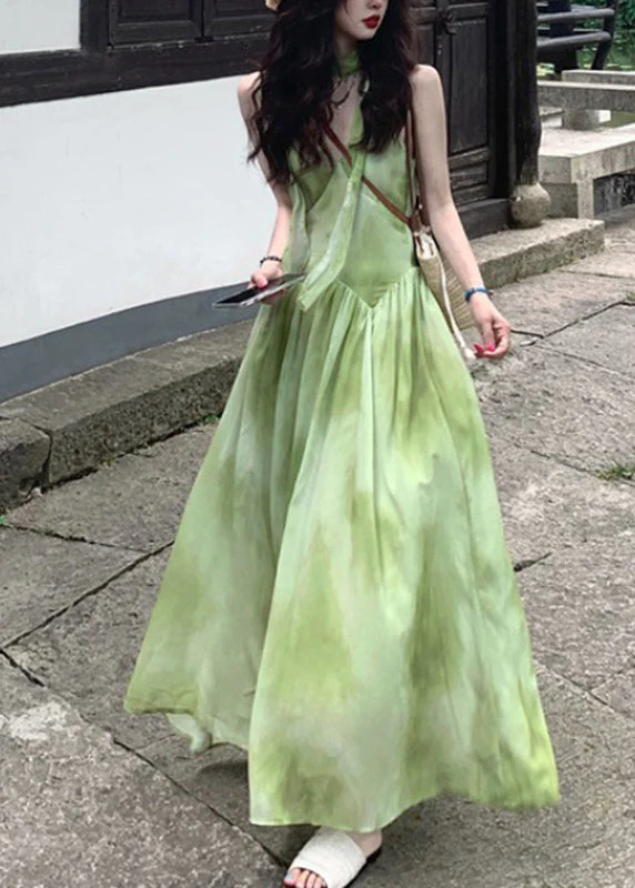 Boutique Green V Neck Tie Dye Vacation Chiffon Maxi Dresses Sleeveless - Image 2