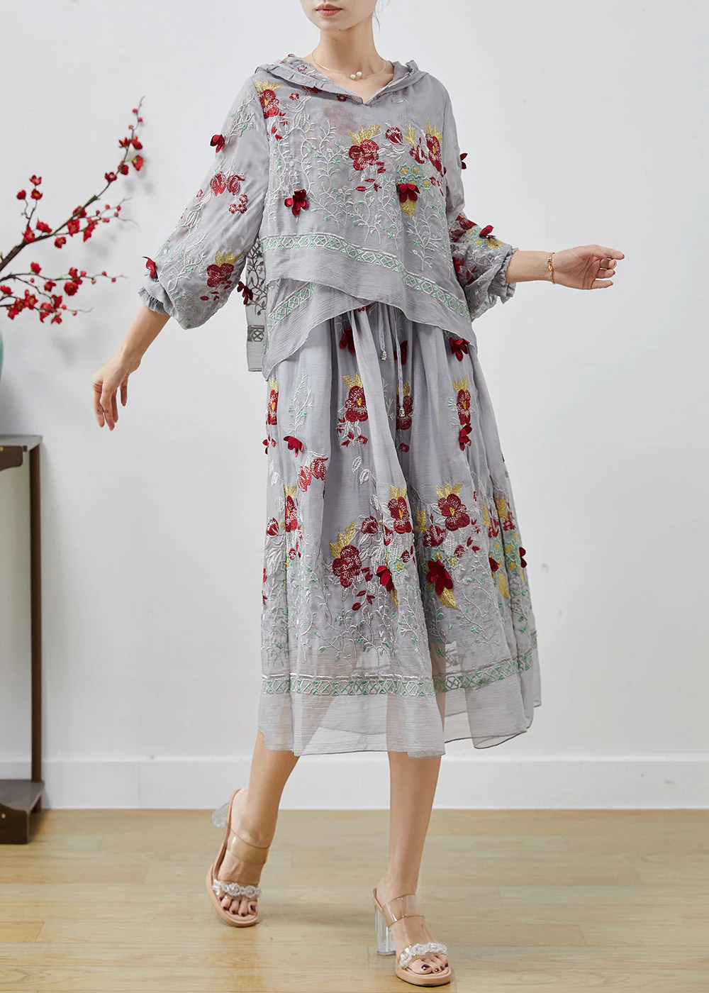 Boutique Grey Embroidered Patchwork Silk Fake Two Piece Dress Summer - Image 2