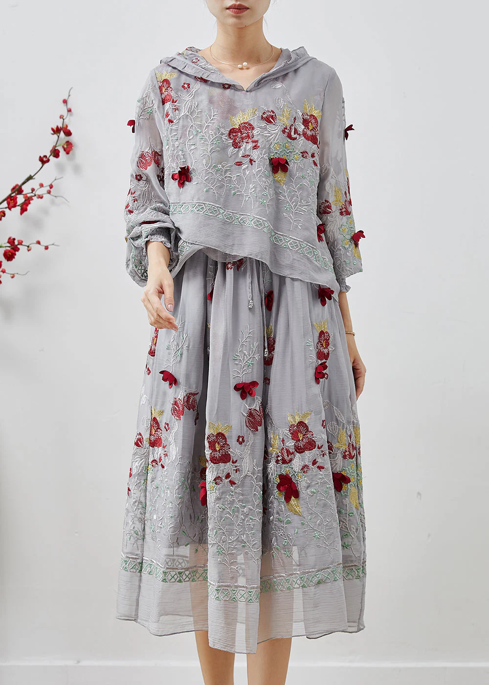 Boutique Grey Embroidered Patchwork Silk Fake Two Piece Dress Summer - Image 3