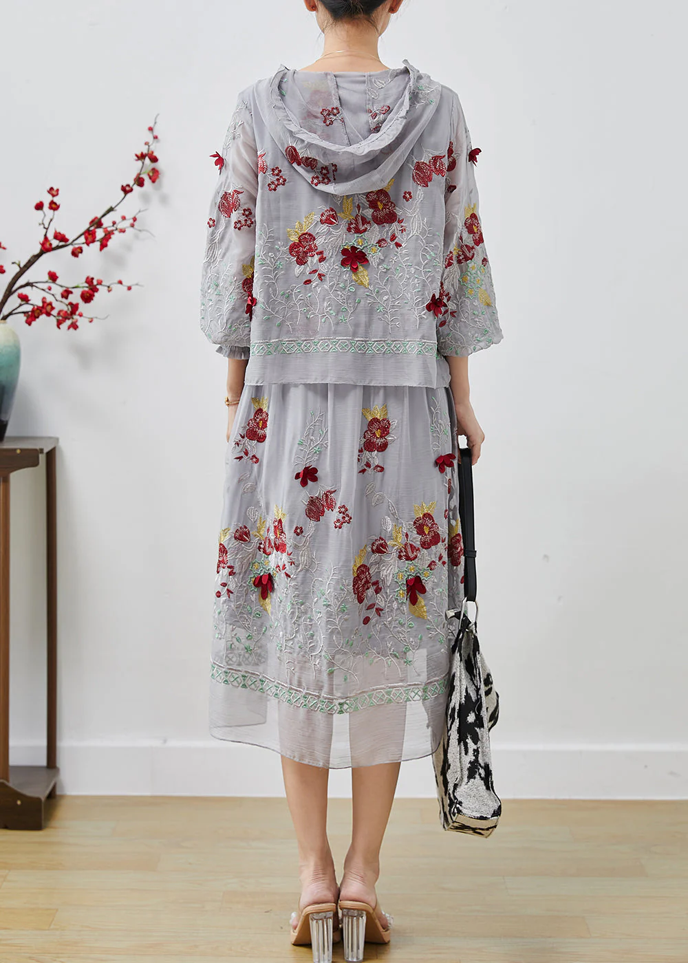 Boutique Grey Embroidered Patchwork Silk Fake Two Piece Dress Summer - Image 4