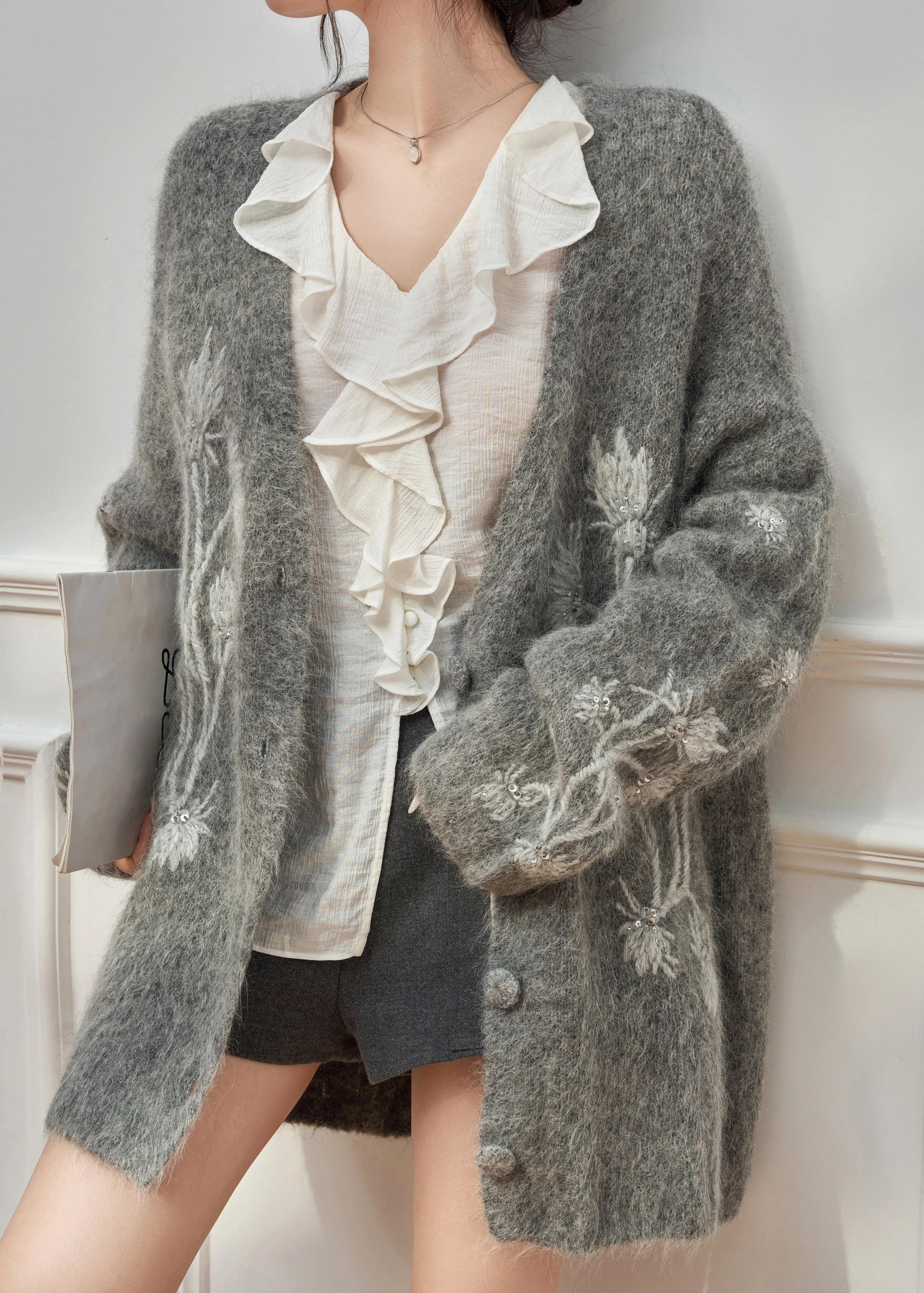 Boutique Grey Embroidered Sequins Cotton Knit Cardigan Spring - Image 2