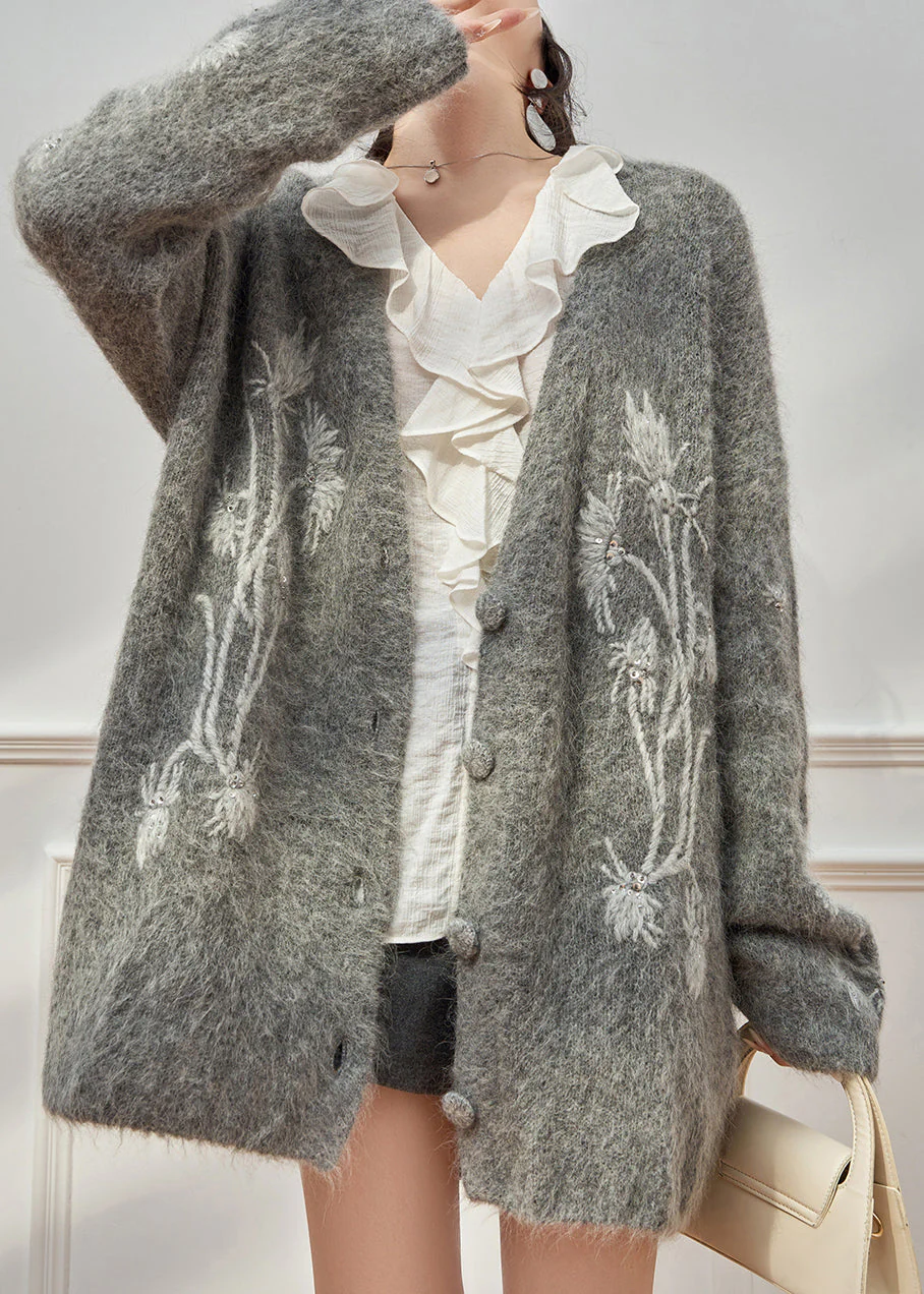 Boutique Grey Embroidered Sequins Cotton Knit Cardigan Spring - Image 3