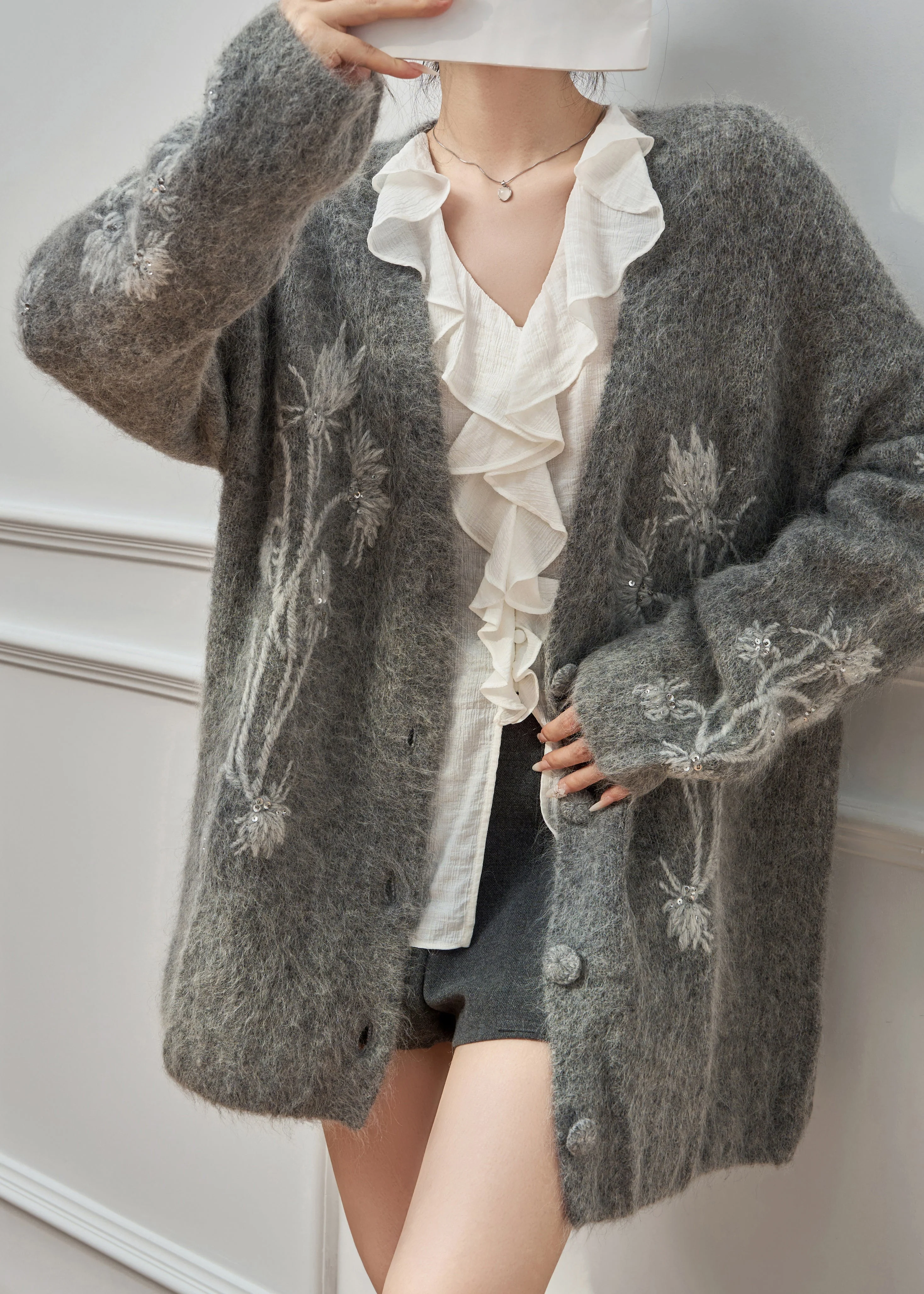Boutique Grey Embroidered Sequins Cotton Knit Cardigan Spring - Image 4