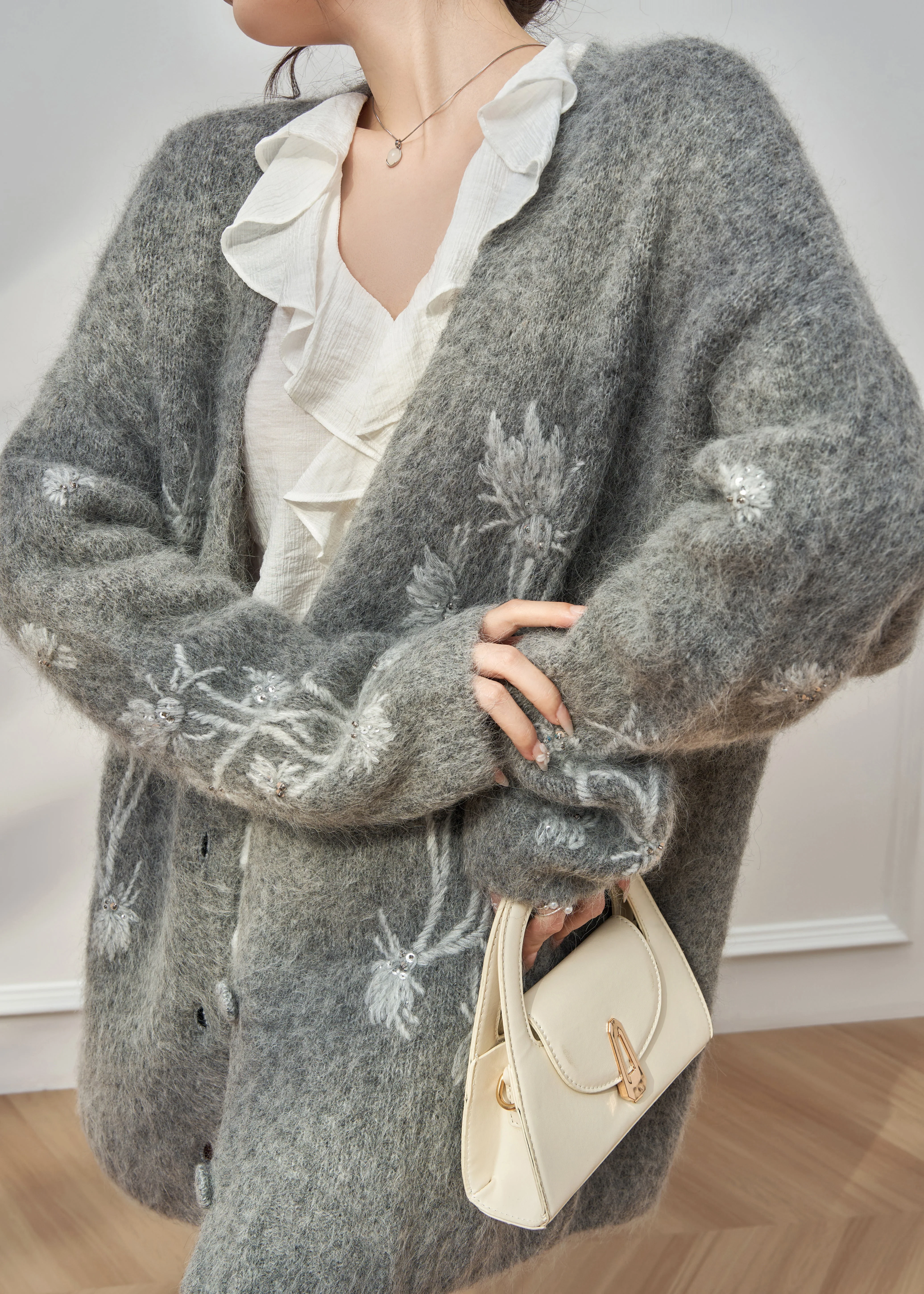 Boutique Grey Embroidered Sequins Cotton Knit Cardigan Spring - Image 5