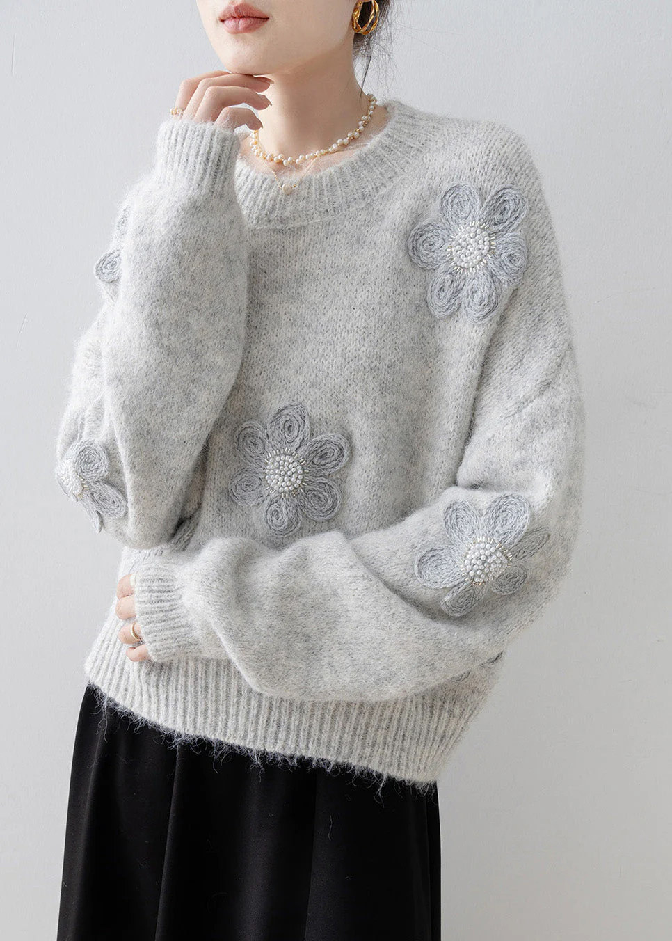 Boutique Grey O Neck Floral Nail Bead Knit Sweater Tops Spring - Image 2