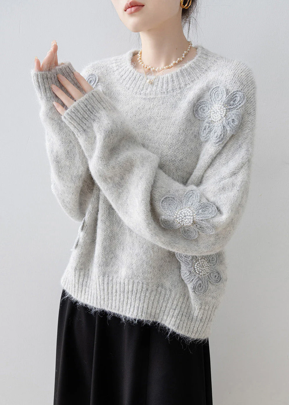 Boutique Grey O Neck Floral Nail Bead Knit Sweater Tops Spring - Image 3