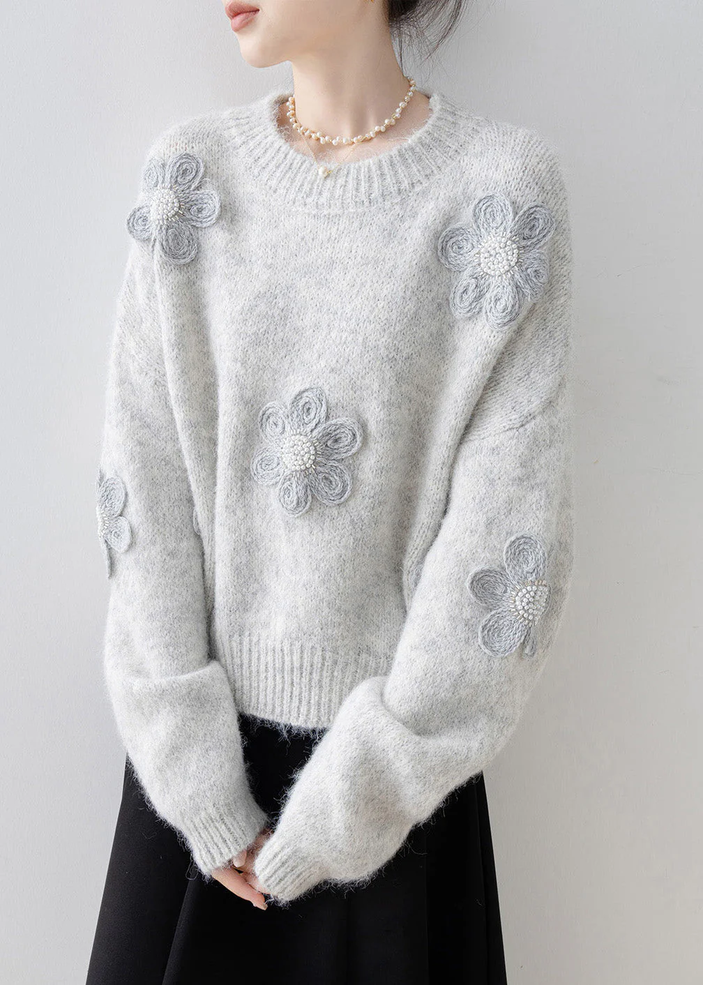 Boutique Grey O Neck Floral Nail Bead Knit Sweater Tops Spring - Image 4