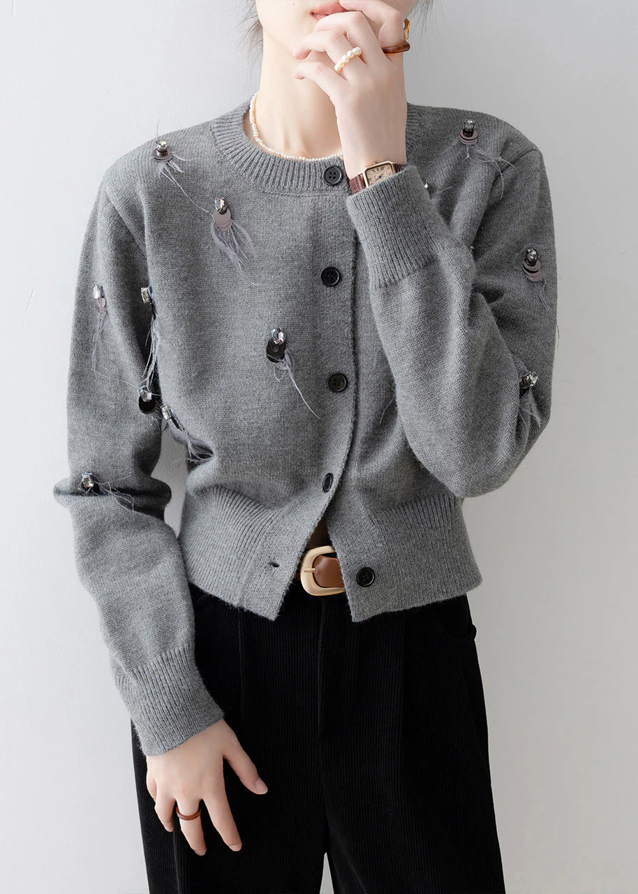 Boutique Grey O Neck Sequins Knit Cardigan Spring - Image 2