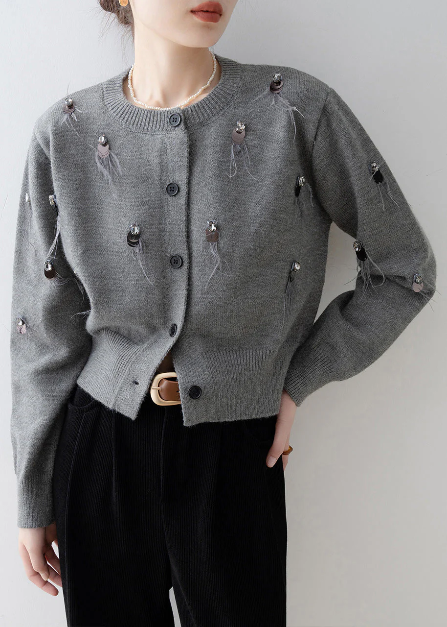 Boutique Grey O Neck Sequins Knit Cardigan Spring - Image 3