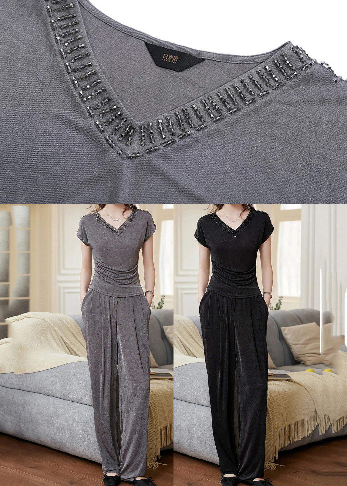 Boutique Grey V Neck Nail Bead Cotton 2 Piece Outfit Summer - Image 5