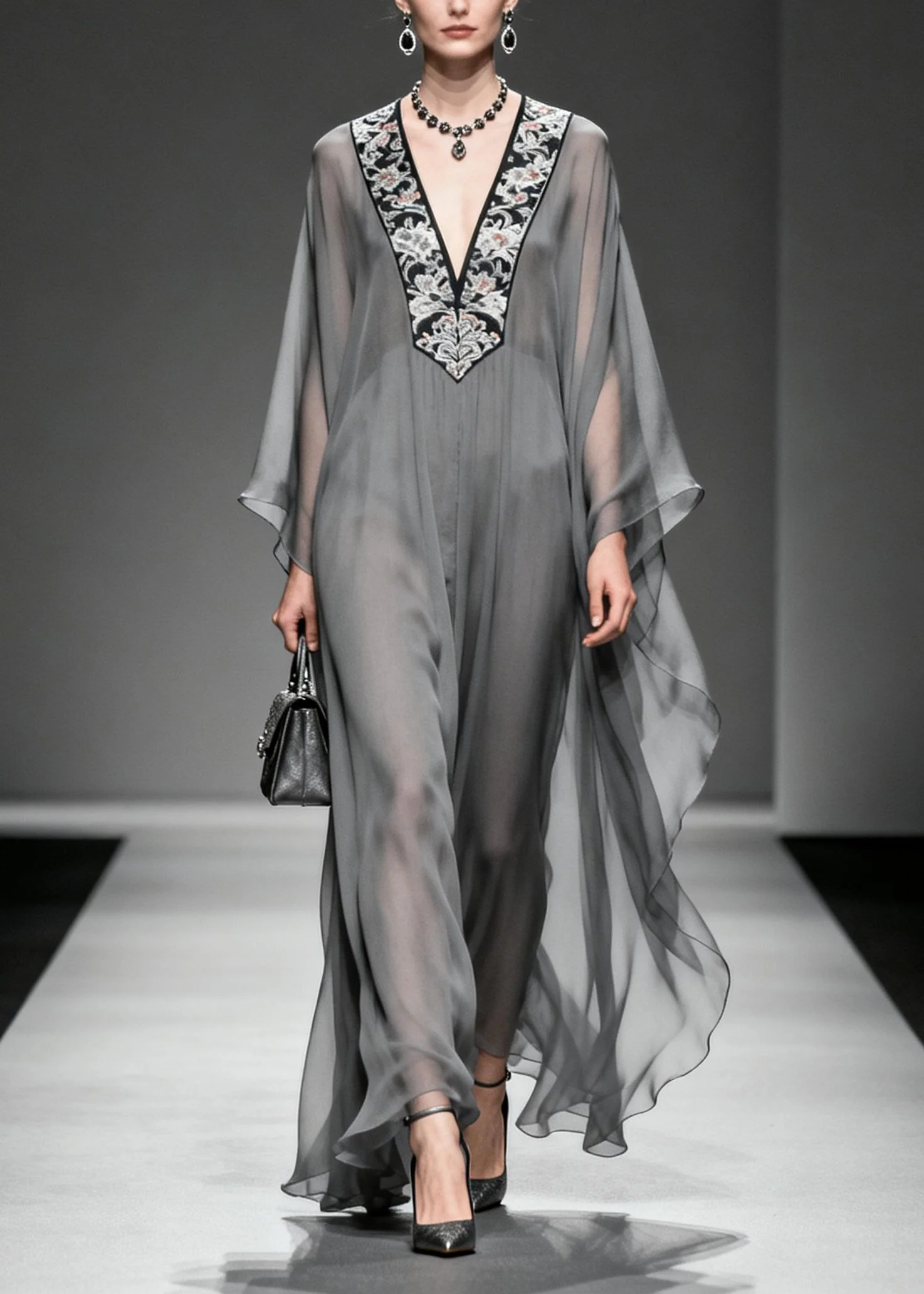 Boutique Grey V Neck Print Patchwork Chiffon Dress Spring