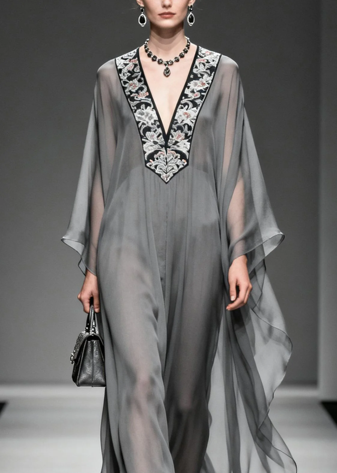 Boutique Grey V Neck Print Patchwork Chiffon Dress Spring - Image 2