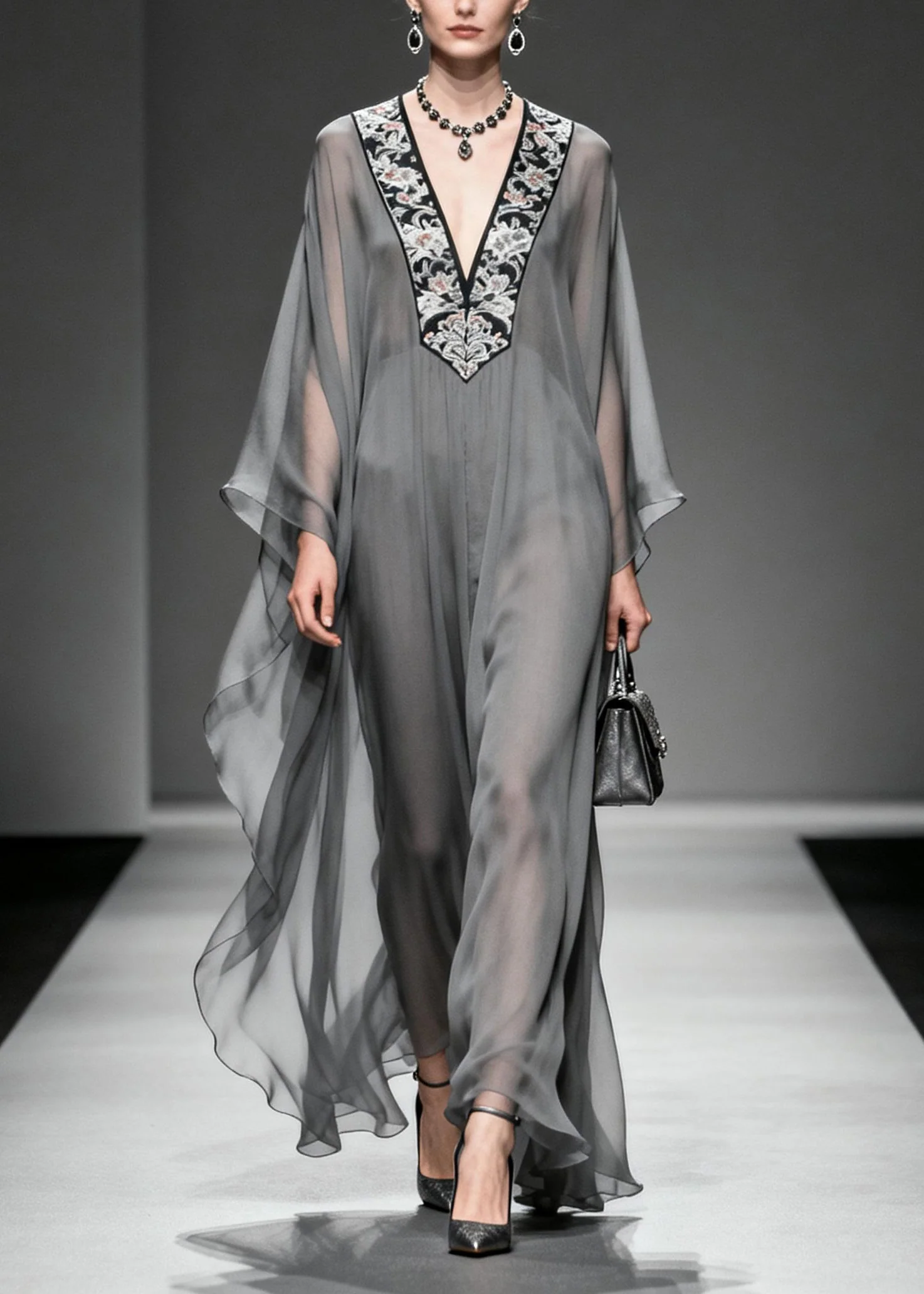 Boutique Grey V Neck Print Patchwork Chiffon Dress Spring - Image 3