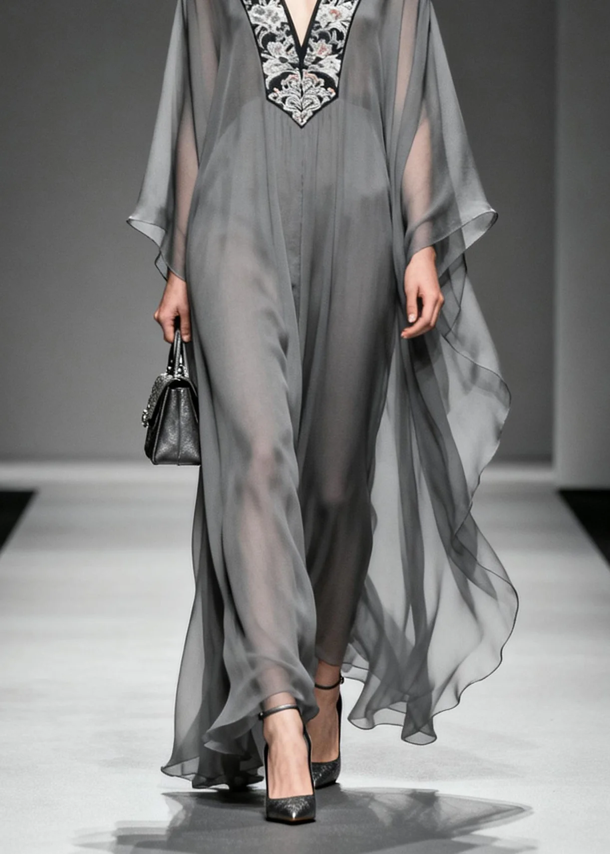 Boutique Grey V Neck Print Patchwork Chiffon Dress Spring - Image 4