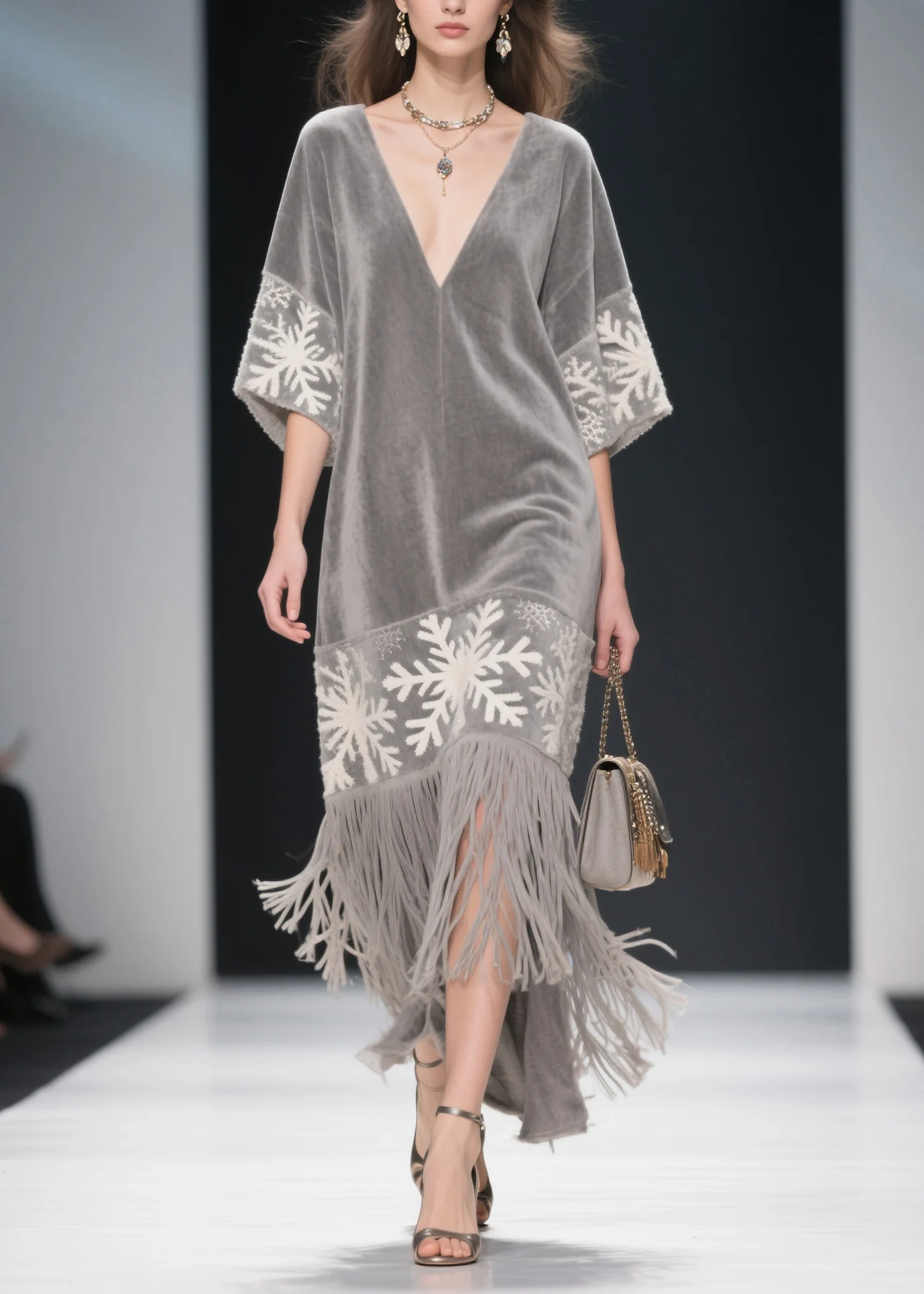 Boutique Grey V Neck Tassel Patchwork Velvet Dress Summer - Image 3