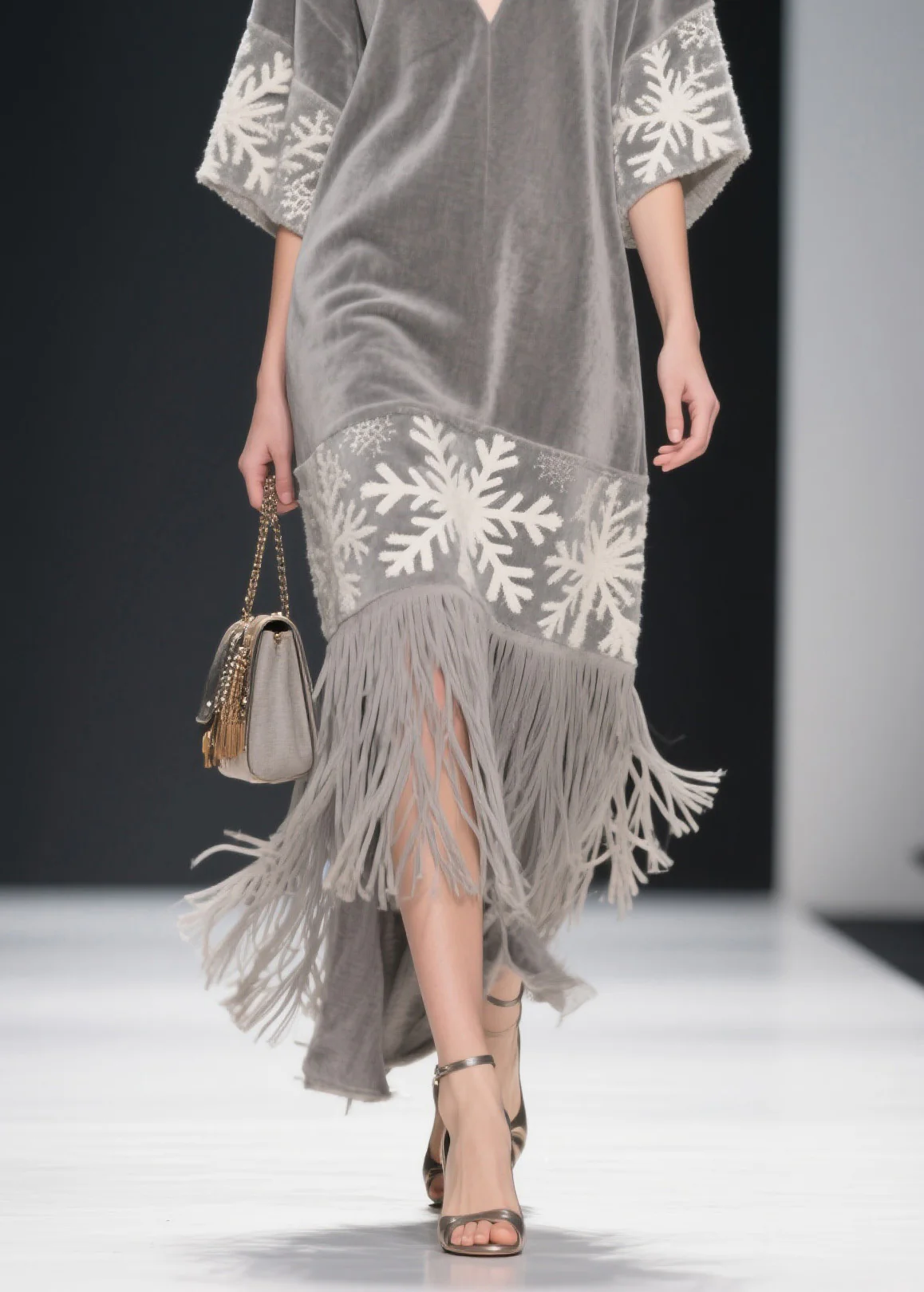 Boutique Grey V Neck Tassel Patchwork Velvet Dress Summer - Image 4