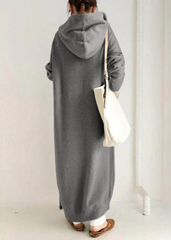 Boutique Grey Zippered Pockets Patchwork Hooded Fleece Coat Fall - Image 4