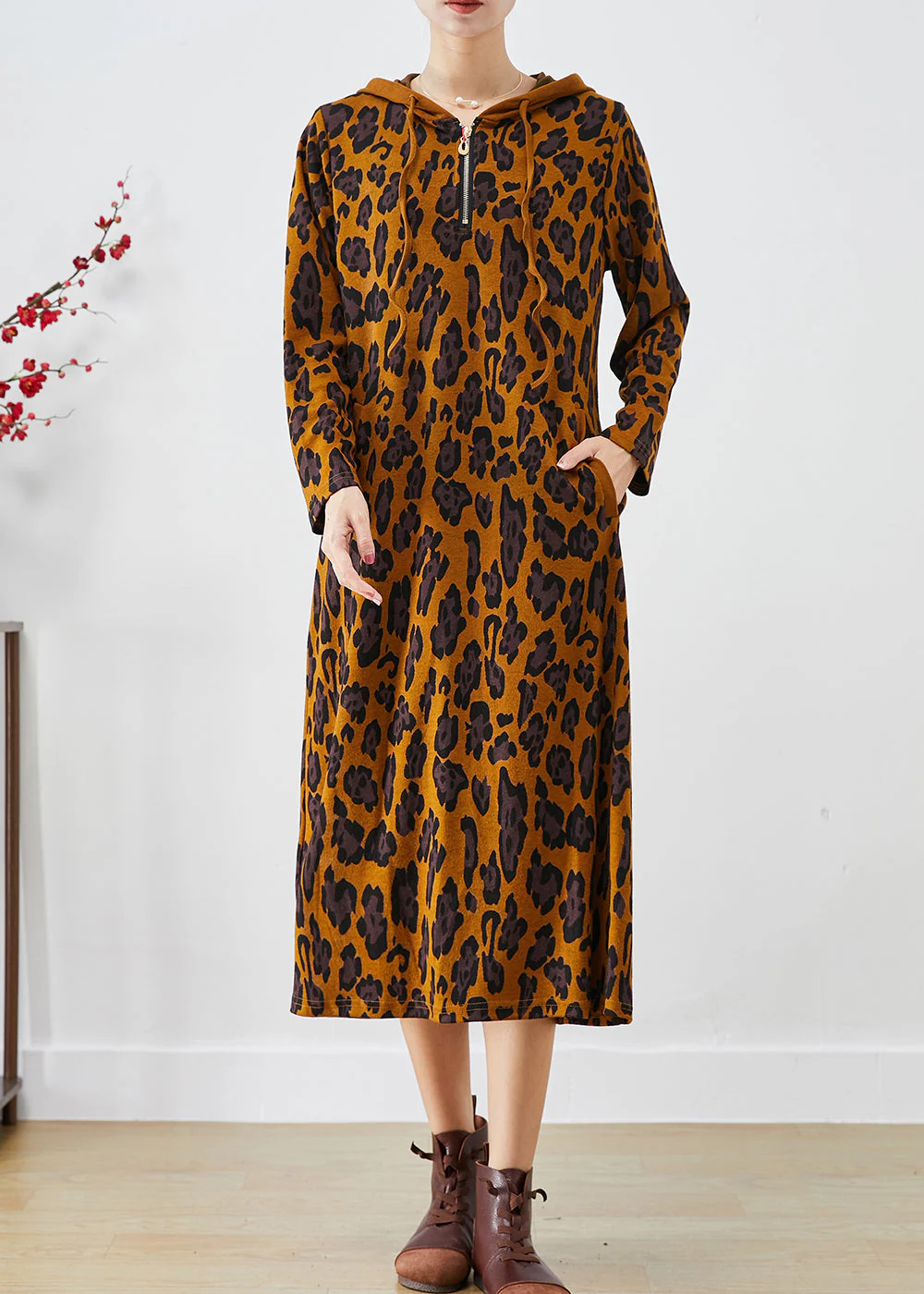 Boutique Hooded Leopard Print Cotton Maxi Dress Fall - Image 2