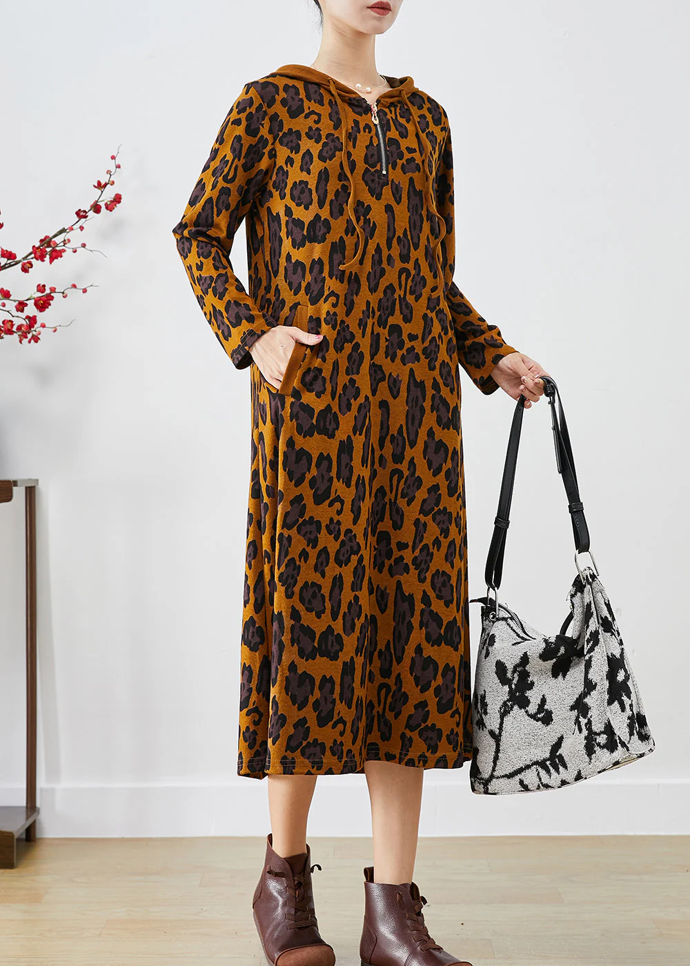 Boutique Hooded Leopard Print Cotton Maxi Dress Fall - Image 3