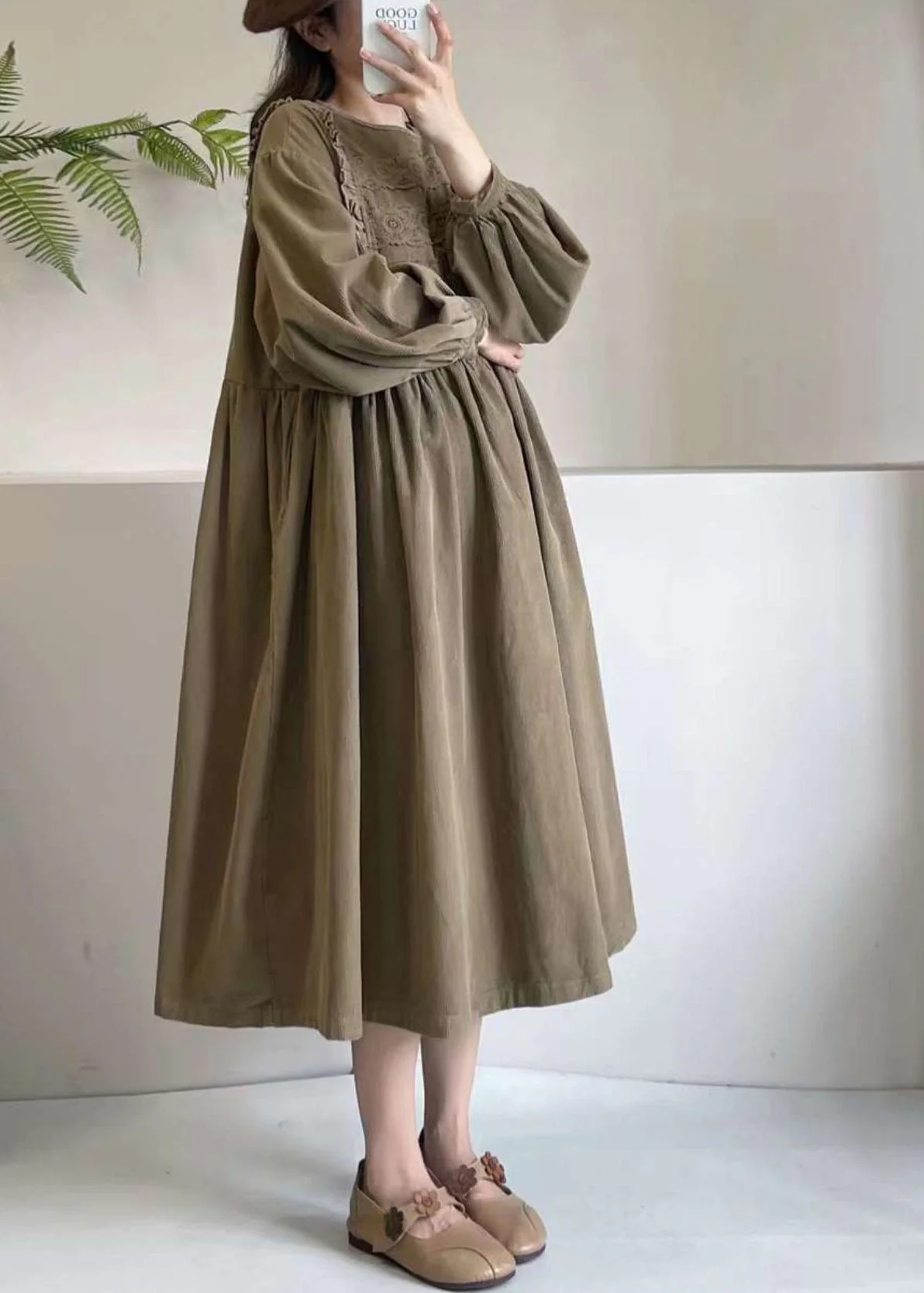 Boutique Khaki Embroidered Corduroy Maxi Dress Spring - Image 3
