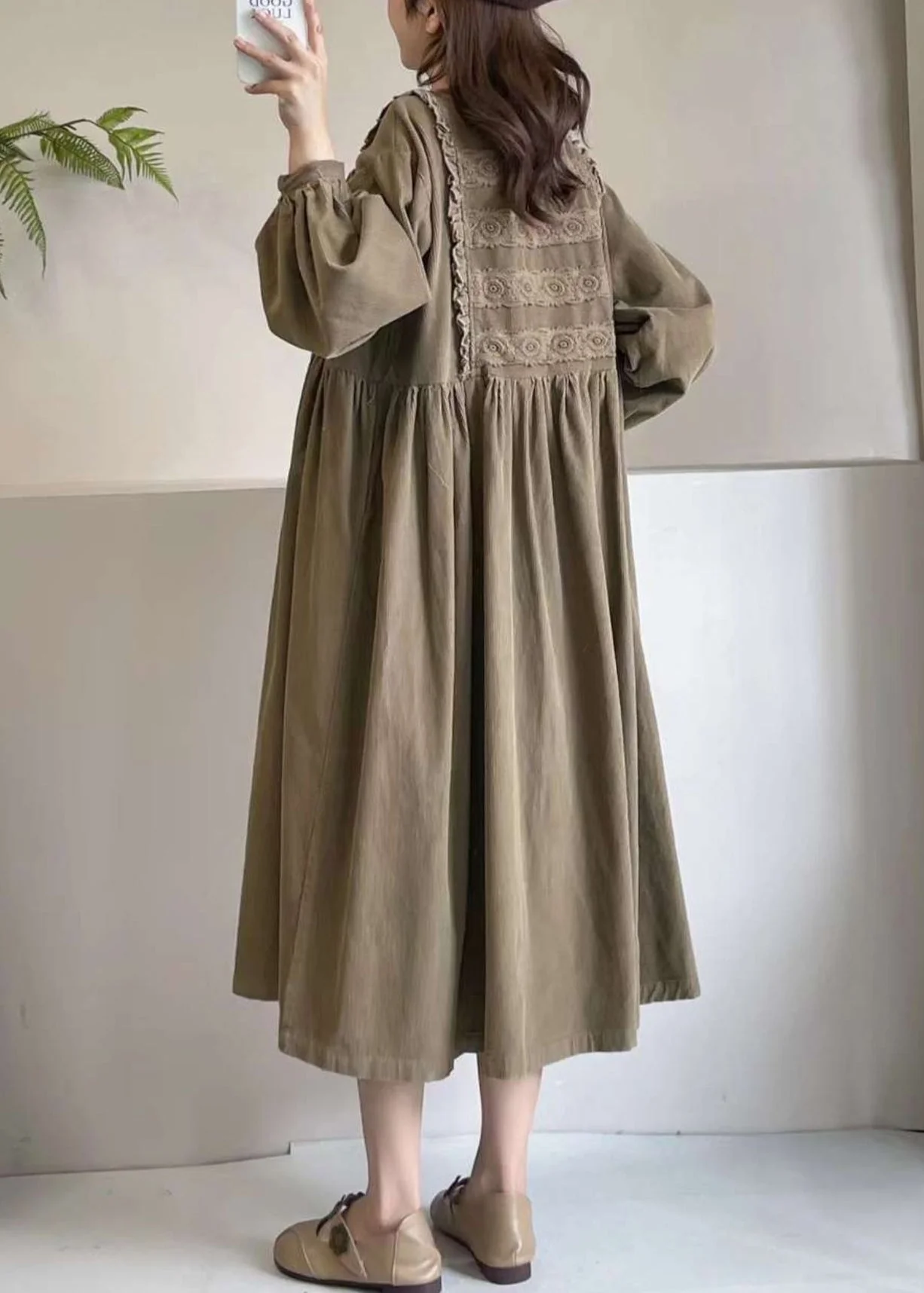 Boutique Khaki Embroidered Corduroy Maxi Dress Spring - Image 4