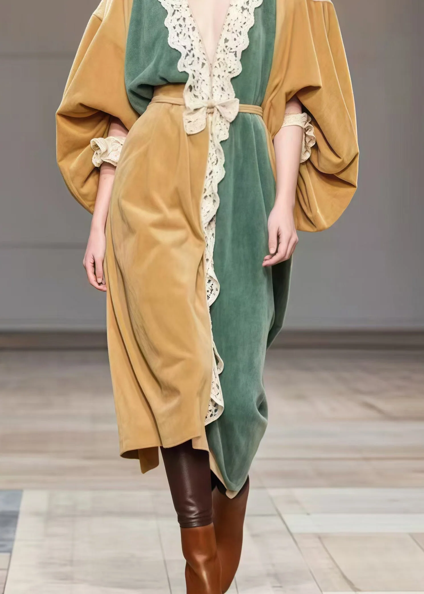 Boutique Khaki Oversized Patchwork Lace Silk Velvet Dresses Spring - Image 4